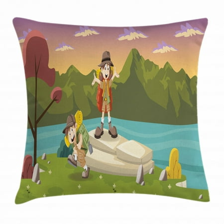 Boy Scout Throw Pillow Cushion Cover, Best Friends Go Camping Hiking by the Lake Having Fun Explorer Kids Joy Cartoon, Decorative Square Accent Pillow Case, 20 X 20 Inches, Multicolor, by