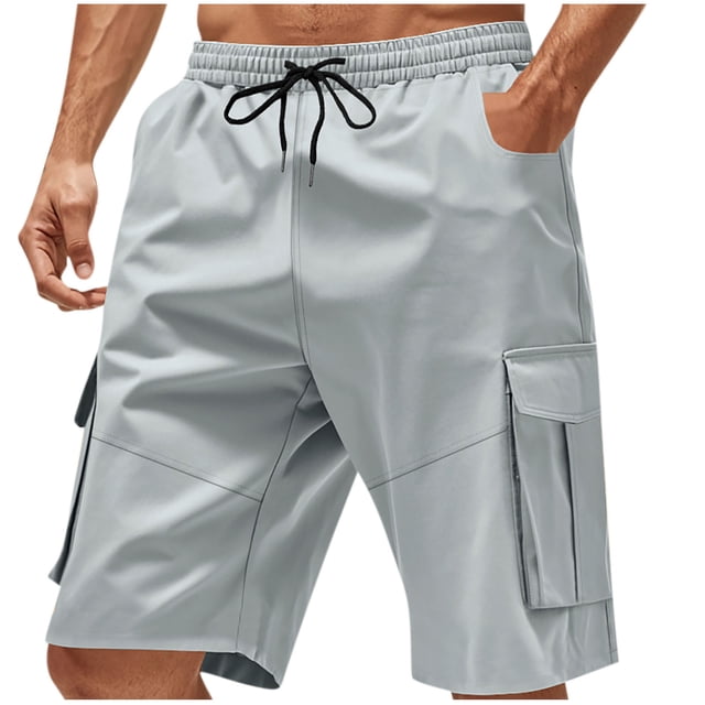 Eryao Mens Elastic Waist Drawstring Cargo Shorts Lightweight Solid Athletic Shorts with Pockets Loose Comfy Workout Shorts,Grey,L