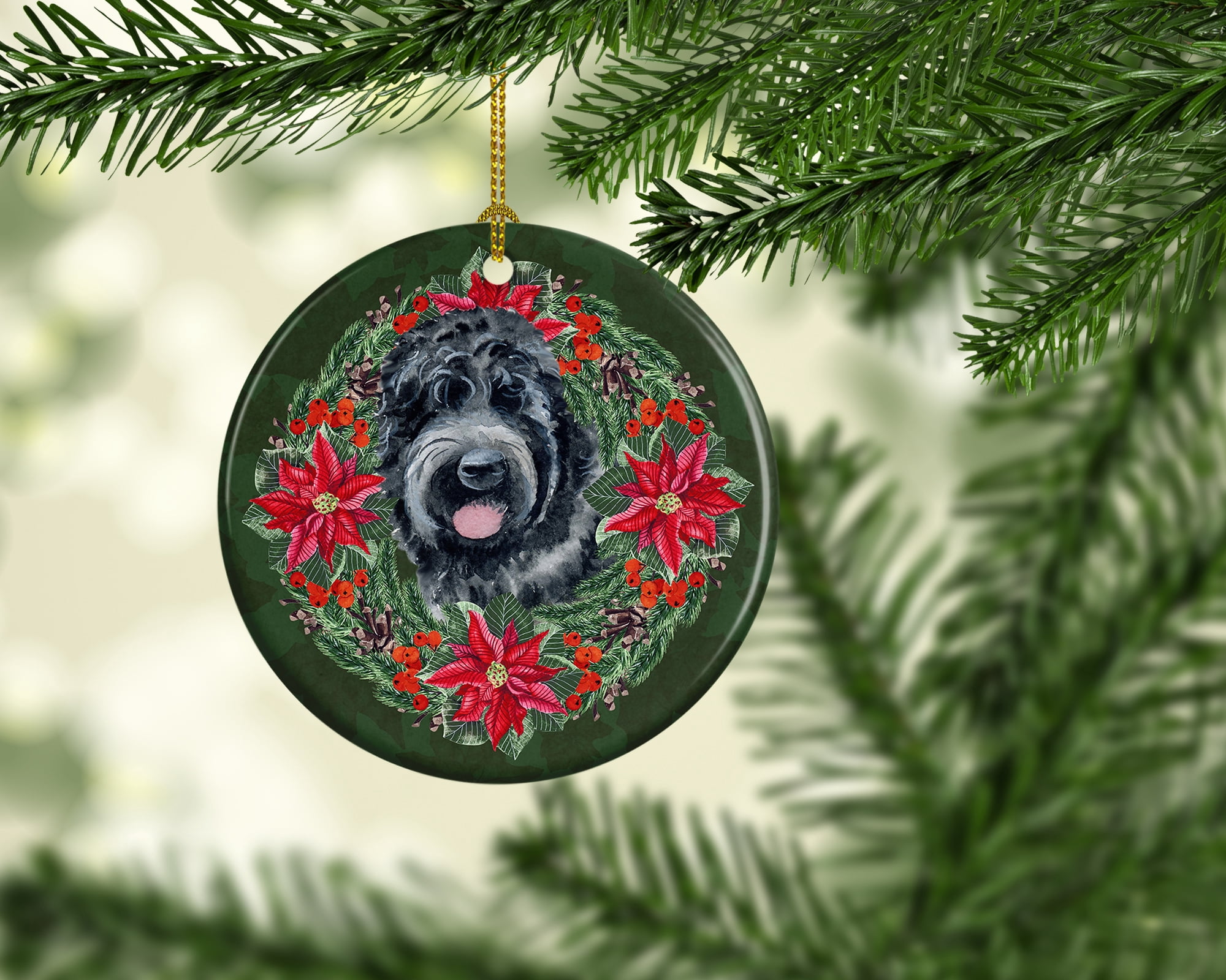 Black Russian Terrier Poinsetta Wreath Ceramic Ornament 2.8 in x 2.8 in