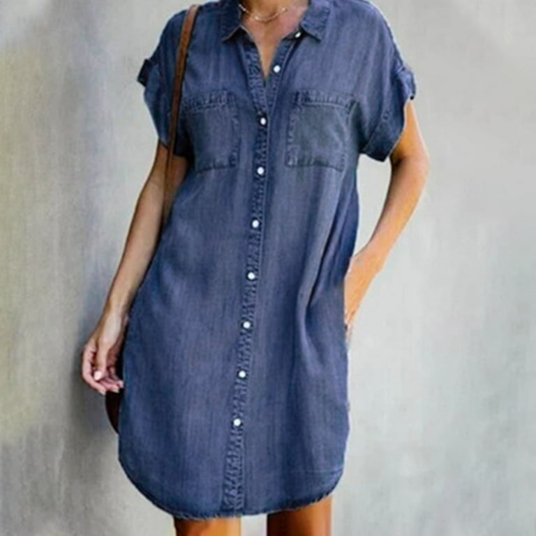 Casual Simplicity Solid Pocket V Neck Short Sleeve Loose Denim Dresses Casual Simplicity Solid Pocket V Neck Short Sleeve Loose Denim Dresses