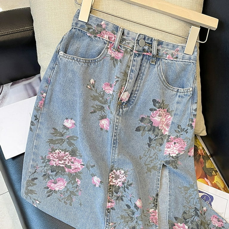 Mohiass Women Floral Print Long Denim Jean Skirt Printed