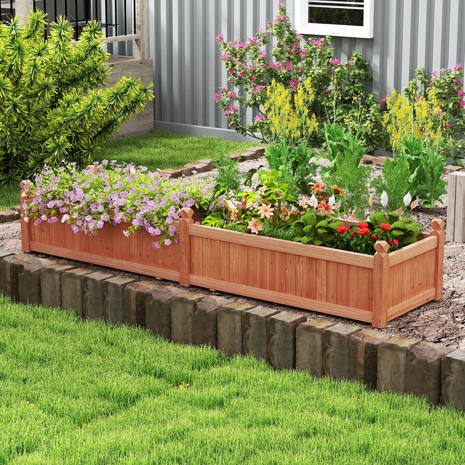 Costway Wooden Raised Garden Bed Outdoor Rectangular Planter Box with Drainage Holes Brown