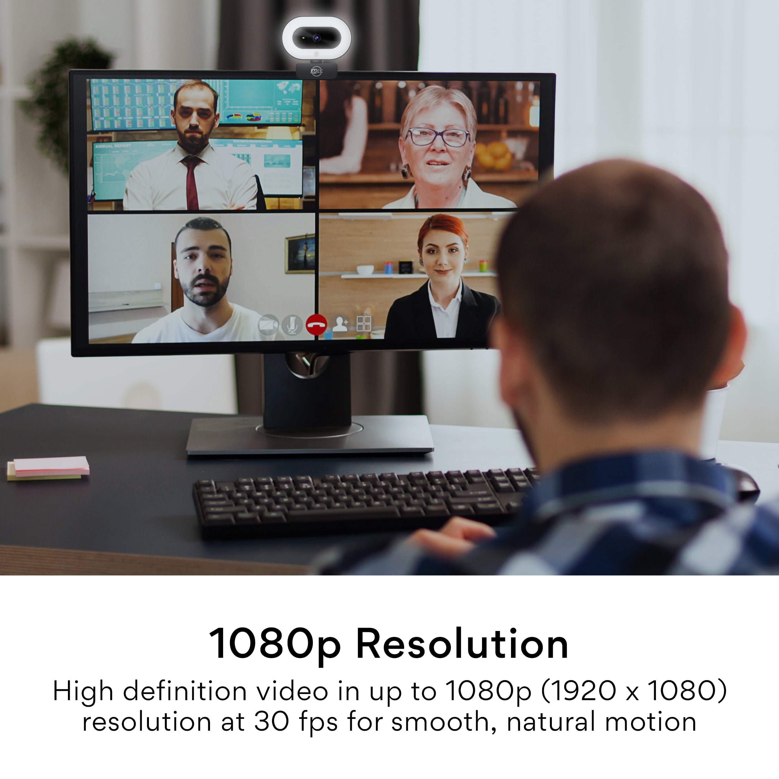 Restored MEE audio 1080p HD USB Webcam with Built-In LED Light, Autofocus, and Microphone (Refurbished)