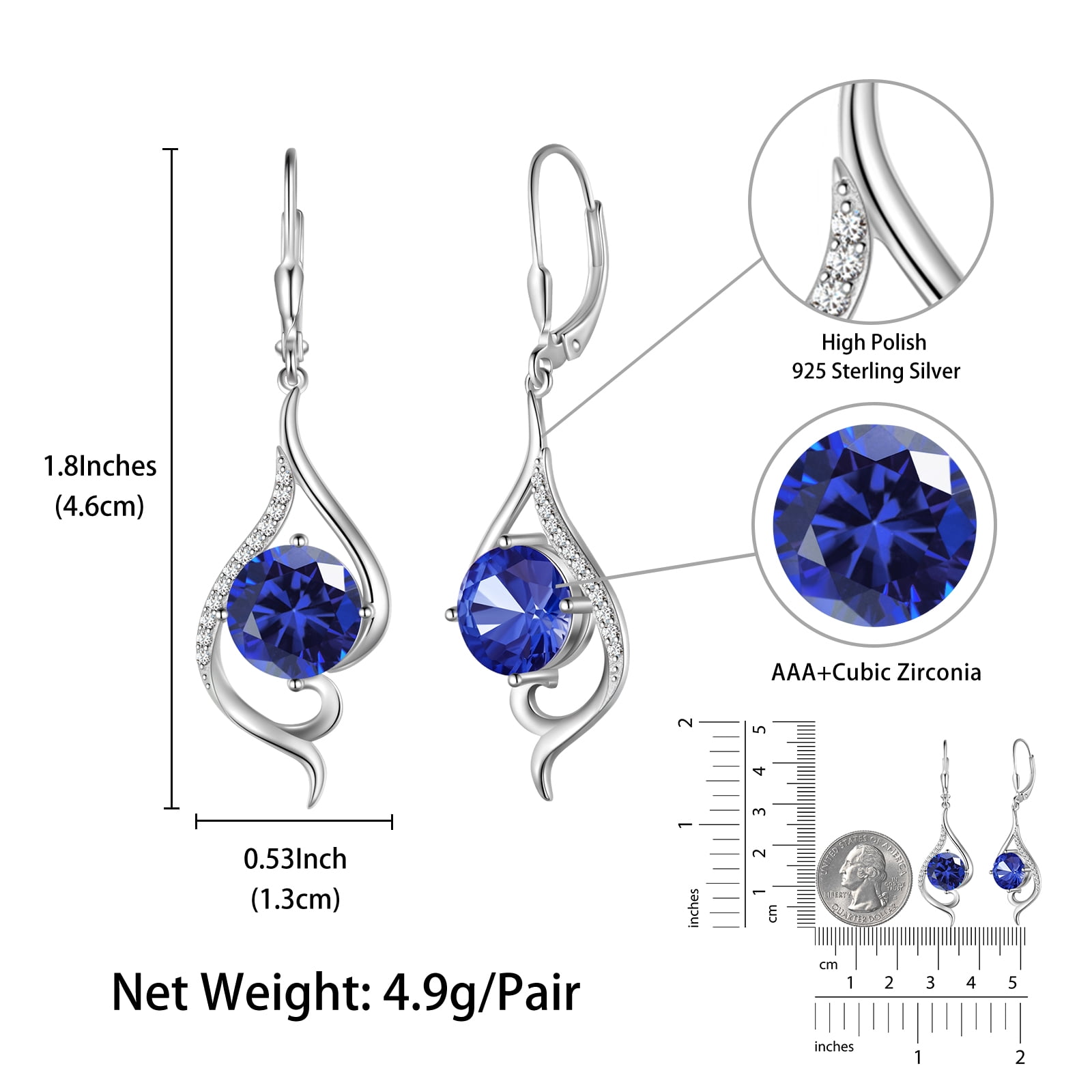 Juwaliy Women Blue Sapphire Dangle Earrings September Birthstone Sterling Silver Earring Leverback Tail Jewelry Mom Christmas Birthday Valentines Mothers Day Gift for Her