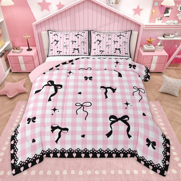 Manfei Kawaii Ribbon Bow Knot 2pcs Bedding Comforter Set for Girls Female Children,Geometric Plaid Grid Twin Comforter Sets,Love Heart Print Breathable Bedding Set,Microfiber Bedroom Decor