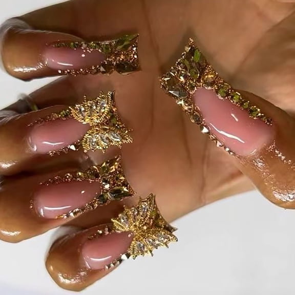 24 Pcs Shaped False Nails Butterfly Artificial Nails French Tip On Nails Glittering for Woman