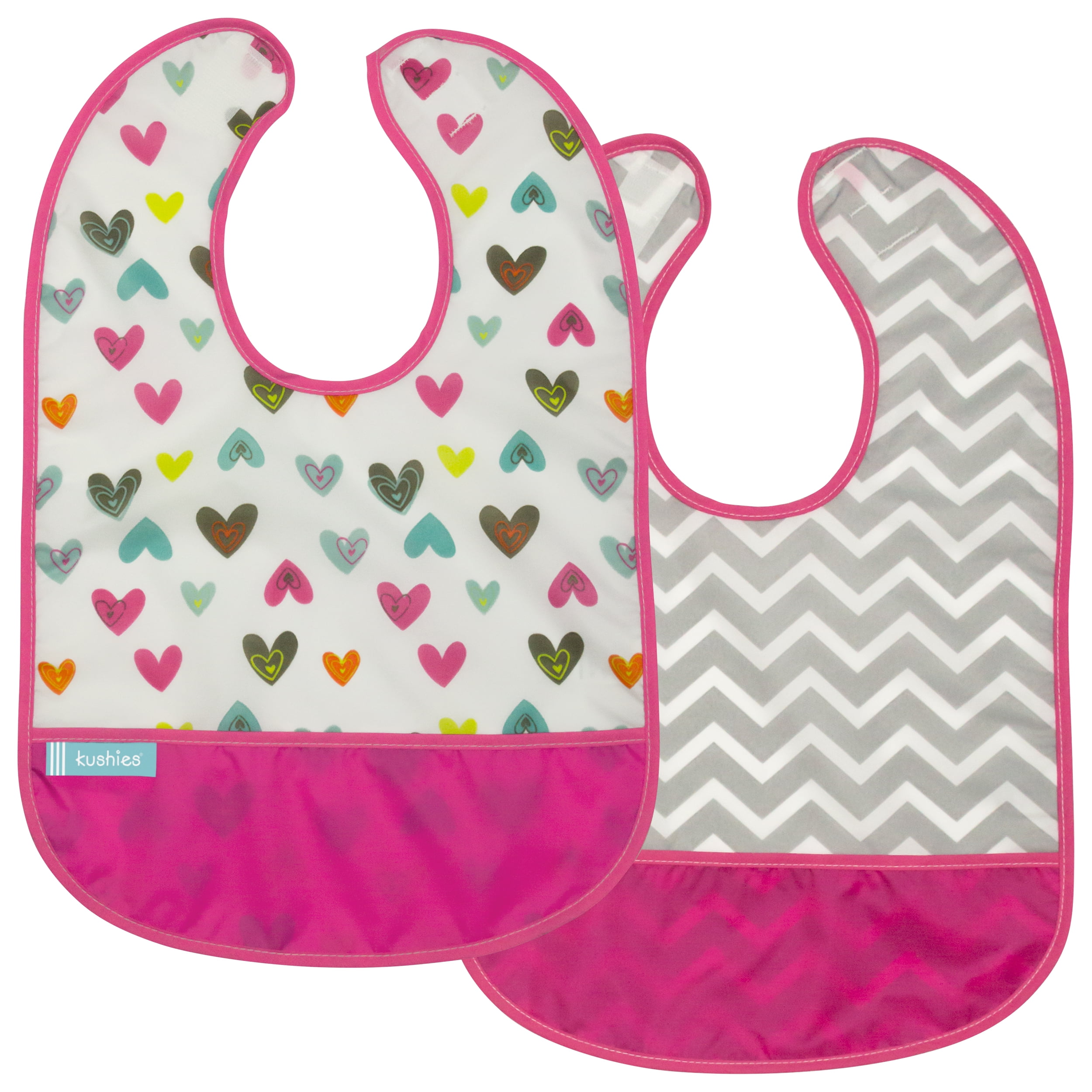 Kushies Girls Cleanbib Waterproof Bib 12m+ 2Pack White Doodle Hearts