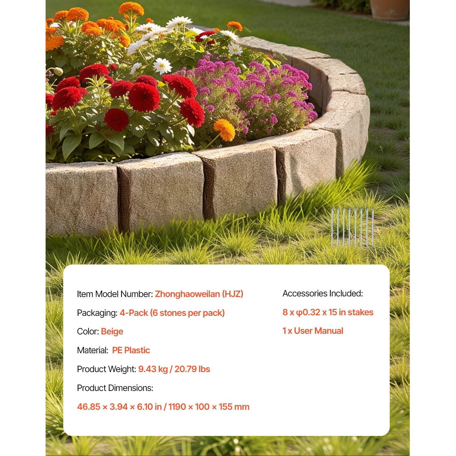 KFFKFF Imitation Stone Landscape Border 46.8 x 3.9 in Authentic Lawn Border, Adaptable Brick-Like Garden Border with Grounding Pegs, Durable Driveway and Walkway Edging in Beige, Resistant to Fading