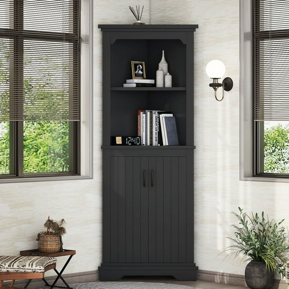 CQSXDA Stylish Tall Corner Cabinet with Doors in Wood Grain Finish for Living Room, Bathroom, Dining Room or Kitchen, Black