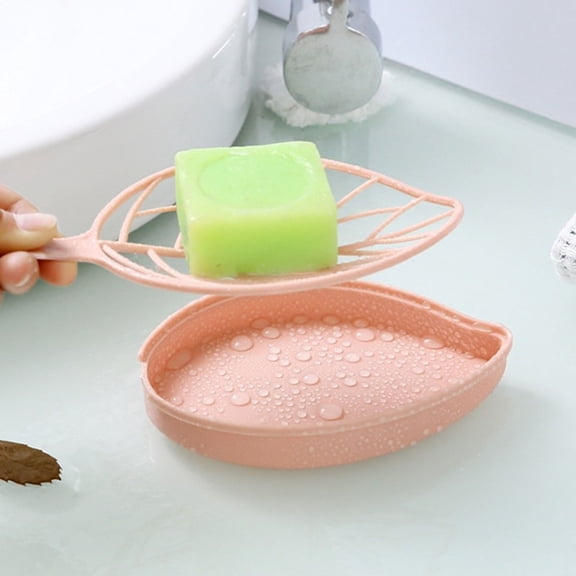 Leaf Shaped Soap Dish with Drainage Holes, Double Layer Soap Holder for Bathroom Sink and Shower, Plastic Soap Saver Tray, Keeps Counter Dry, Decorative Storage for Bar Soap and Sponge