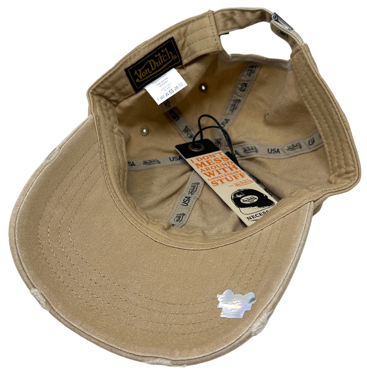 Von Dutch Strapback Hat Washed Orange Distressed Rips Unstructured Dad Cap Von Dutch Strapback Hat Tan Khaki Washed Distressed Rips  main image 2