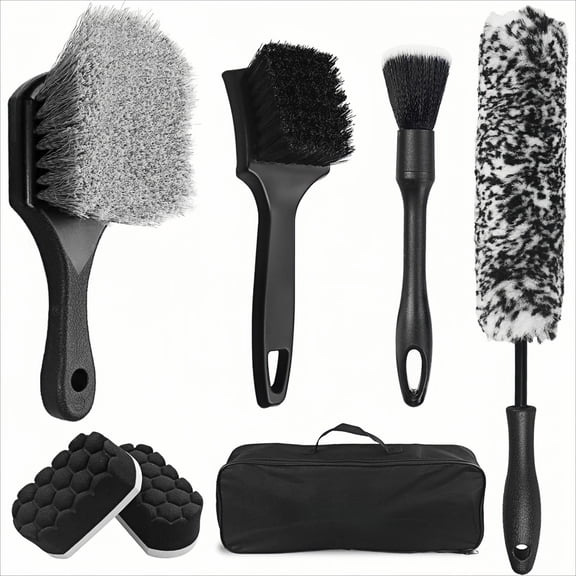 Car Wheel Brush Kit, 7 Pcs Tool Set with Tire Brush, Rim Cleaner, Shine Applicator Pad & Organizer Bag