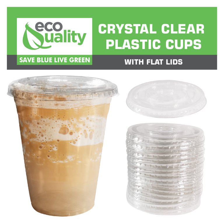 100 Pack] 24 oz Clear Plastic Cups with Flat Lids, Disposable Iced