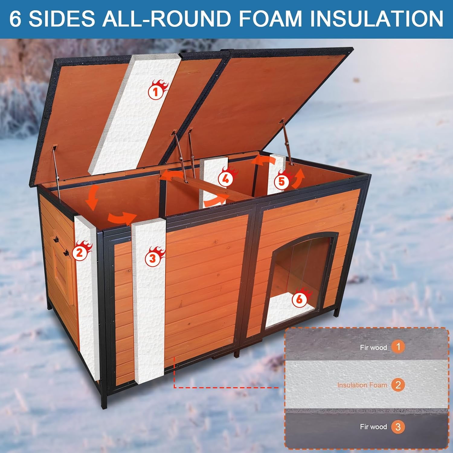 Insulated Extra Large Wooden Dog House Outdoor Iron Frame 59.1" L Winter Pet Kennel Weatherproof