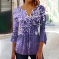 thumbnail image 2 of CYMMPU Spring Tops Button V Neck 3/4 Sleeve Blouses for Women Dressy Casual Fall Fashion Shirts Loose Fit Tunic Tops Floral Pattern A-line Dressy Topss Purple S, 2 of 5