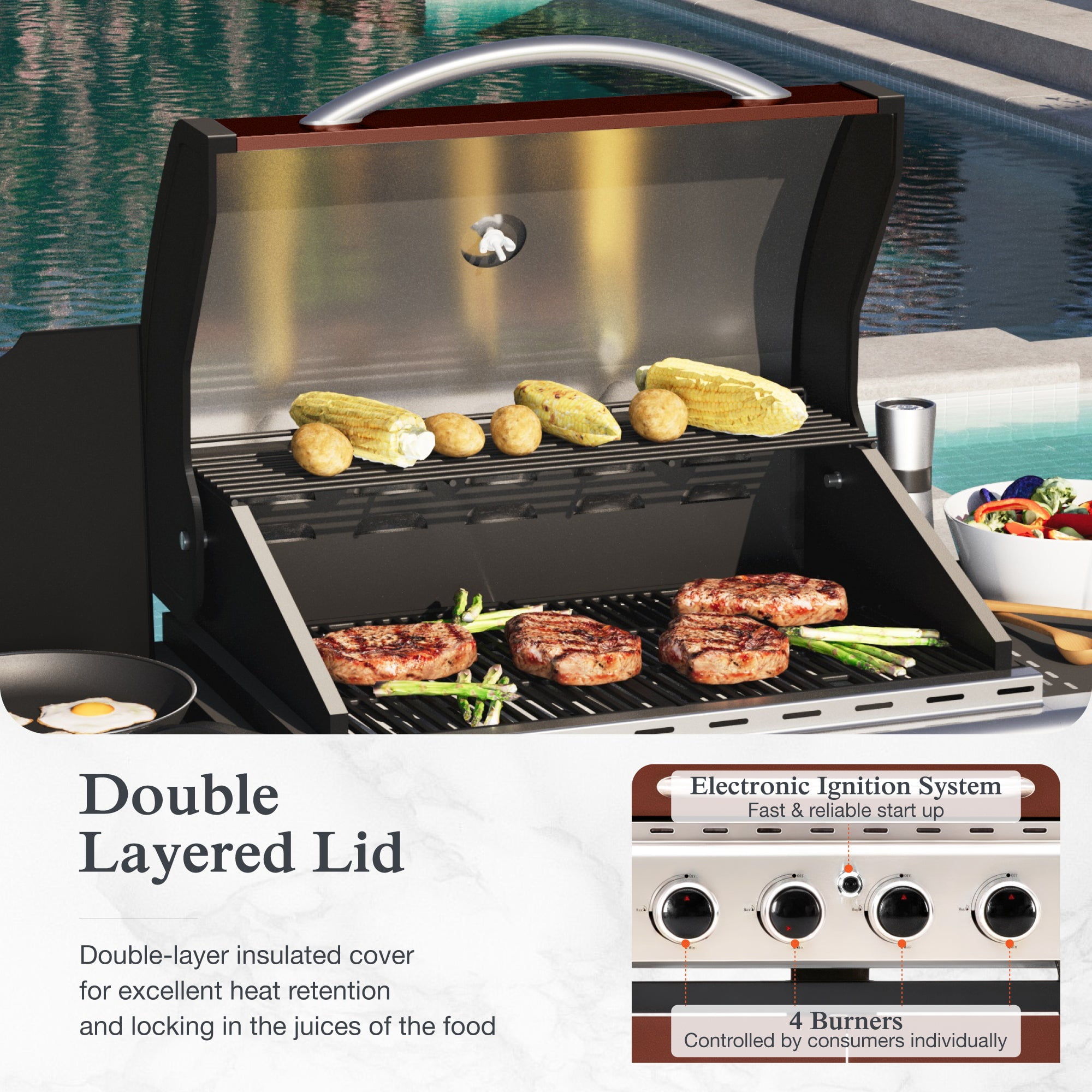 Alpha Joy 4-Burner Propane Gas BBQ Grill with Side Burner and 4 Wheels, Red