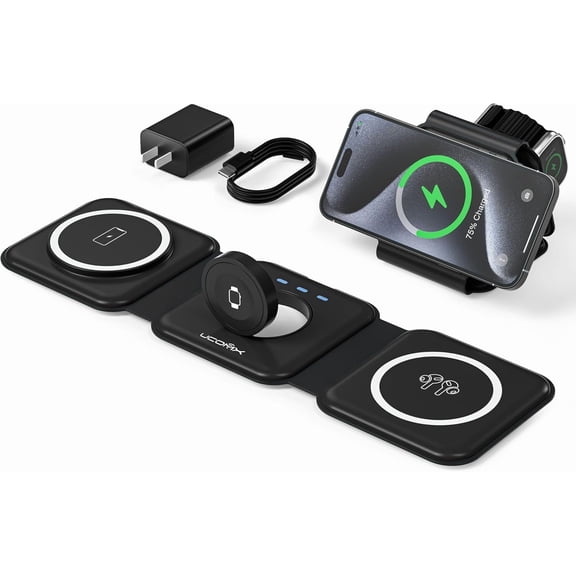 3-in-1 Charging Station for Multiple Devices Foldable Wireless Charger Black