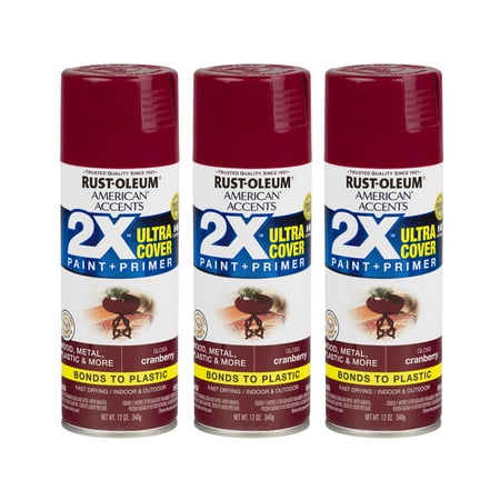(3 Pack) Rust-Oleum American Accents Ultra Cover 2X Gloss Cranberry Spray Paint and Primer in 1, 12 (Best Paint To Cover Rust)
