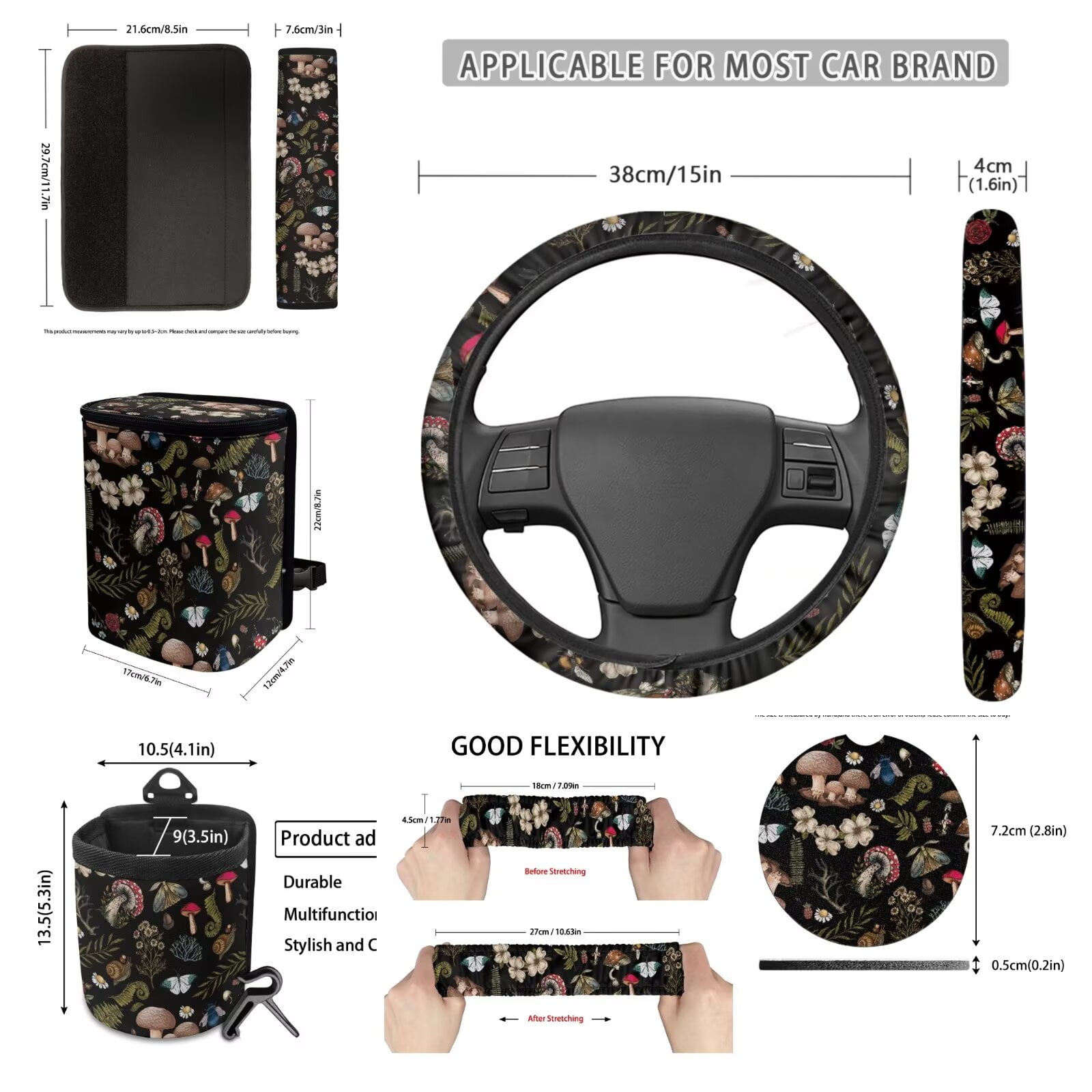 Uorisanigo Aesthetic Mushroom 15 PCS Car Seat Cover Full Set, Universal Front and Back Seat Covers Steering Wheel Cover Seat Belt Strap Pads Coaster Trash Bin Air Vent Pouch Keychain Rearview Cover
