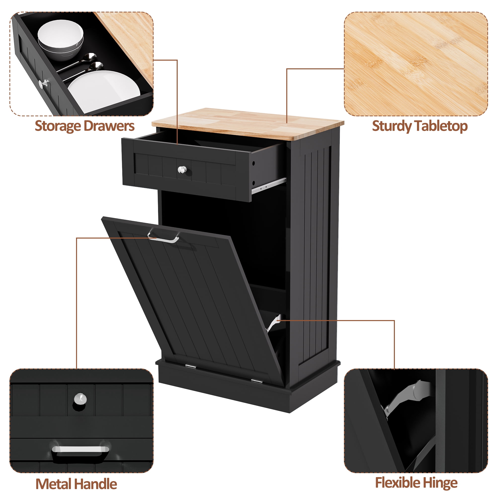 AHB 13 Gallon Single Tilt Out Trash Cabinet with Drawer, Freestanding Kitchen Trash Can Storage Organizer, 20.9"L x 13.55"W x 38.5"H, Black