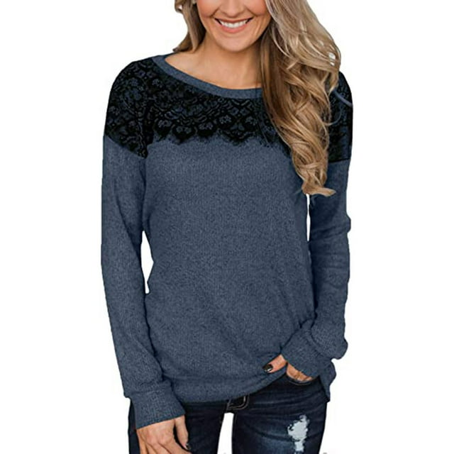 Pompotops Blouse Décontractée Automne pour Femmes Col Rond Aguichant Manches Longues en Dentelle