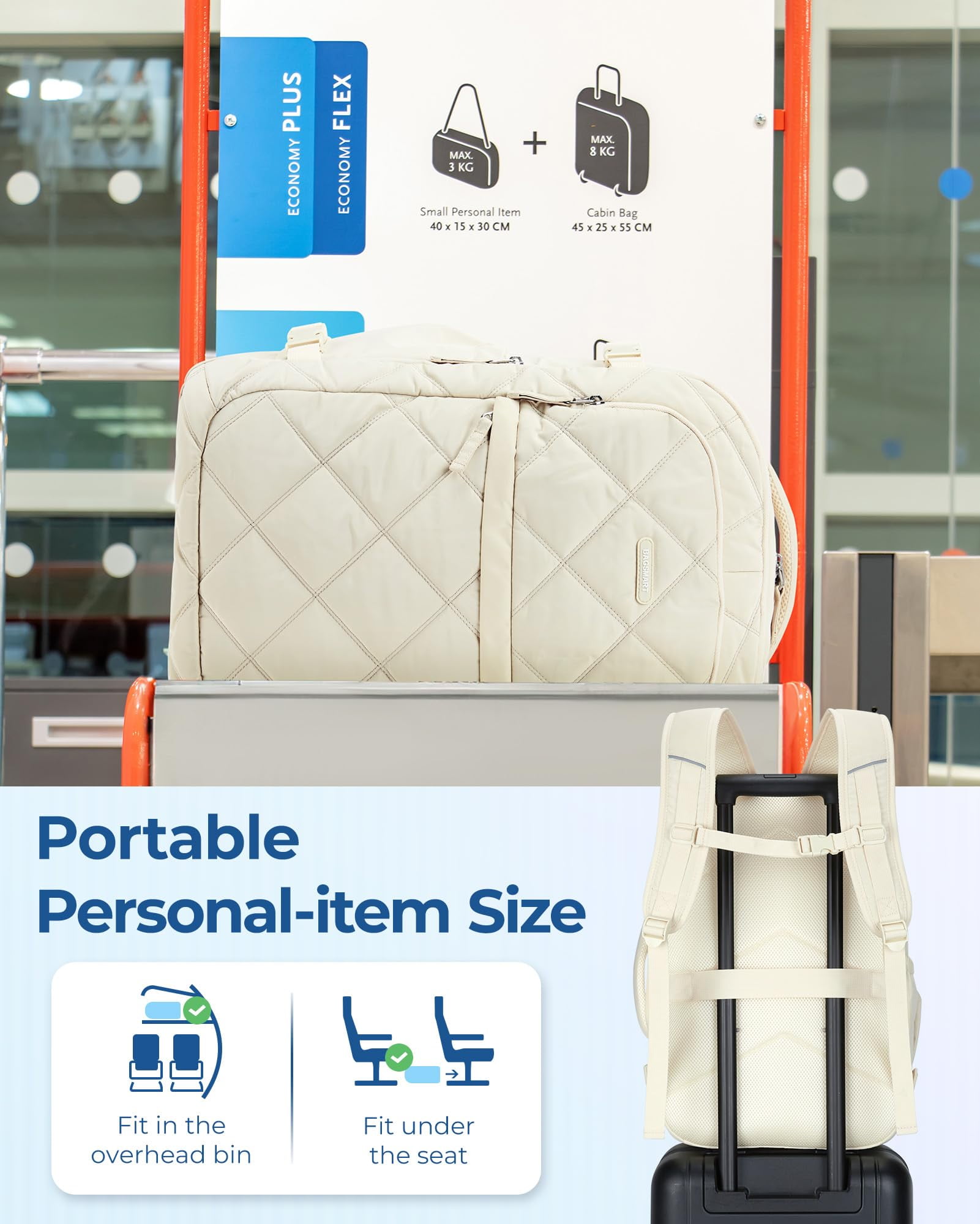 BAGSMART Travel Backpack, 30L Flight Approved Carry on Backpack with Door Lock, 17.3 Inch TSA Personal Item Backpack with Shoe Bag,Suitcase for Travel, Cream