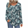 thumbnail image 2 of Craaazy Womens Long Sleeve Tops Casual Pleated Crew Neck Fall Tunic Tops Gifts Button Down Blouse Fashion Printing Loose T-Shirts, 2 of 6