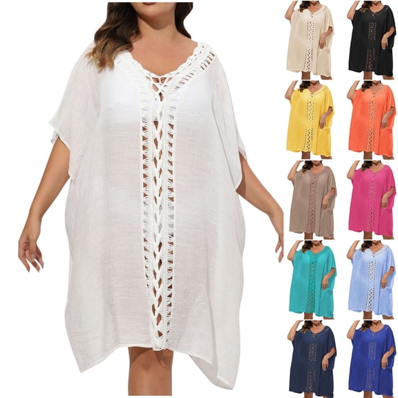 Feancey Bathing Suit Cover Up for Women Plus Size Swimsuit Coverup Crochet Hollow Out Beach Cover Ups Summer Loose Swimwear Dress Beige Free Size