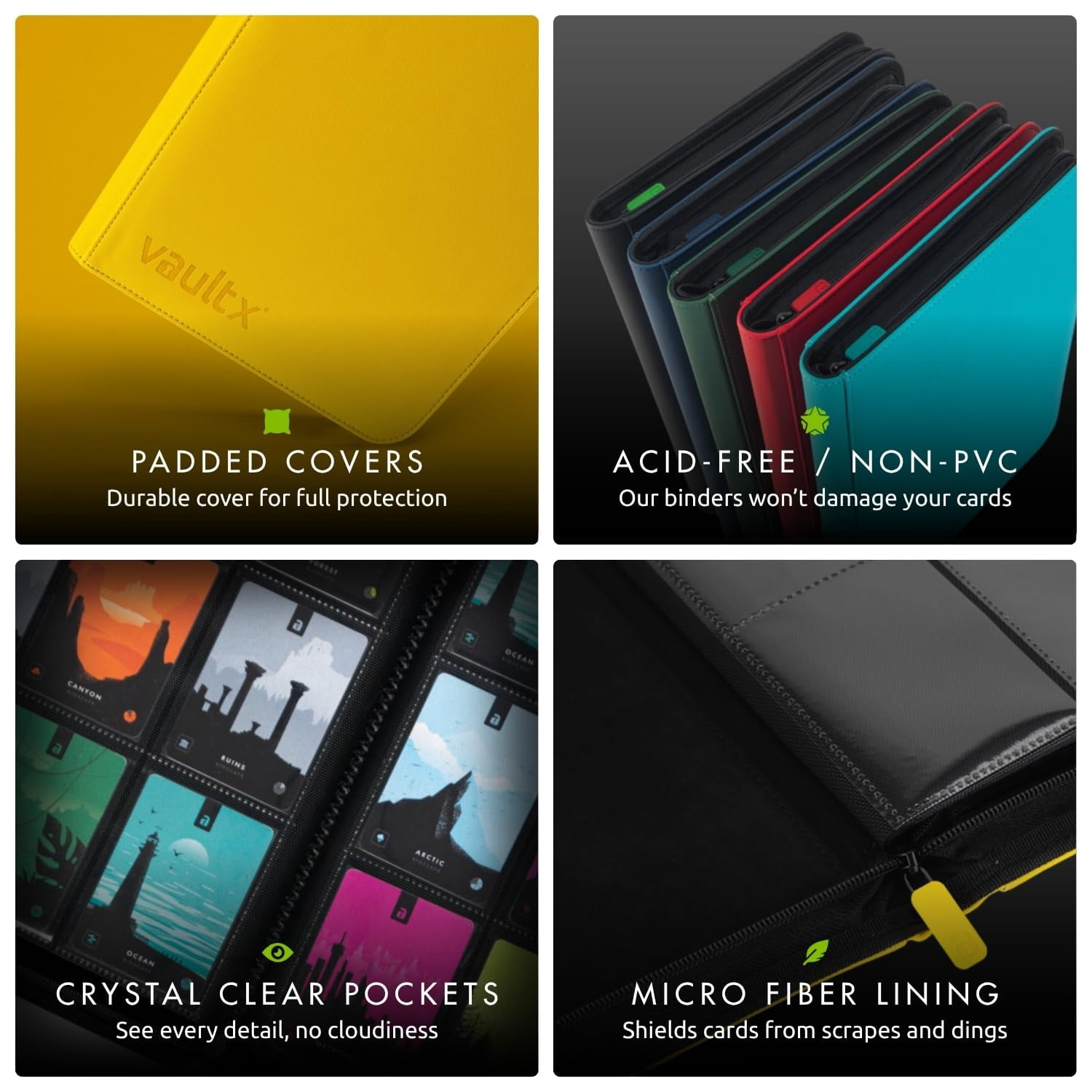 Vault X 4 Pocket Trading Card Zip Binder, 160 cards, Premium Exo-Tec Album Material, 20 Side-Loading Pages, Folder for Collectible Card Games, Sports, TCG (Yellow)