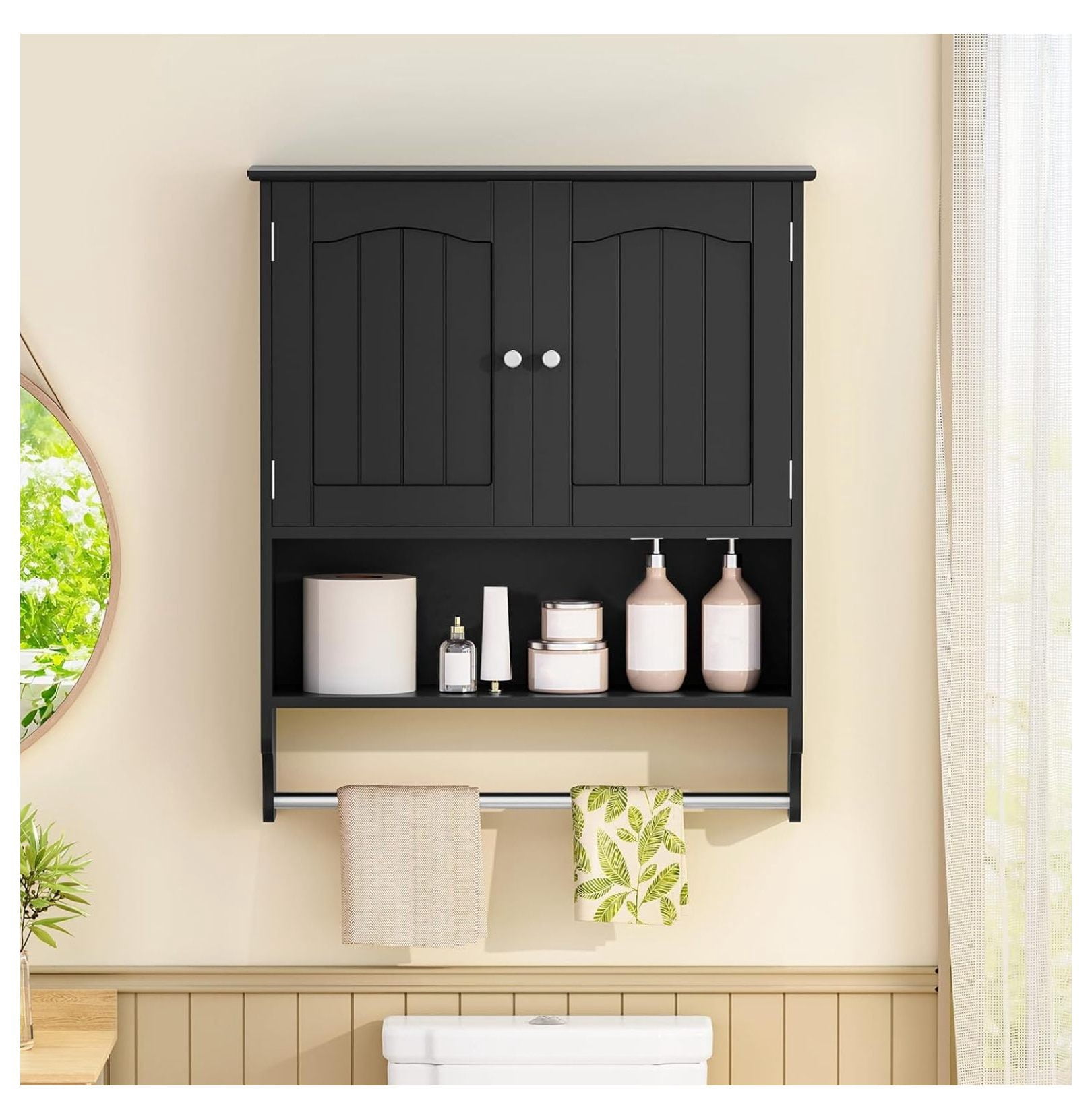 Freestanding Over the Toilet Storage Bathroom Wall Cabinet with Adjustable Shelf, Black
