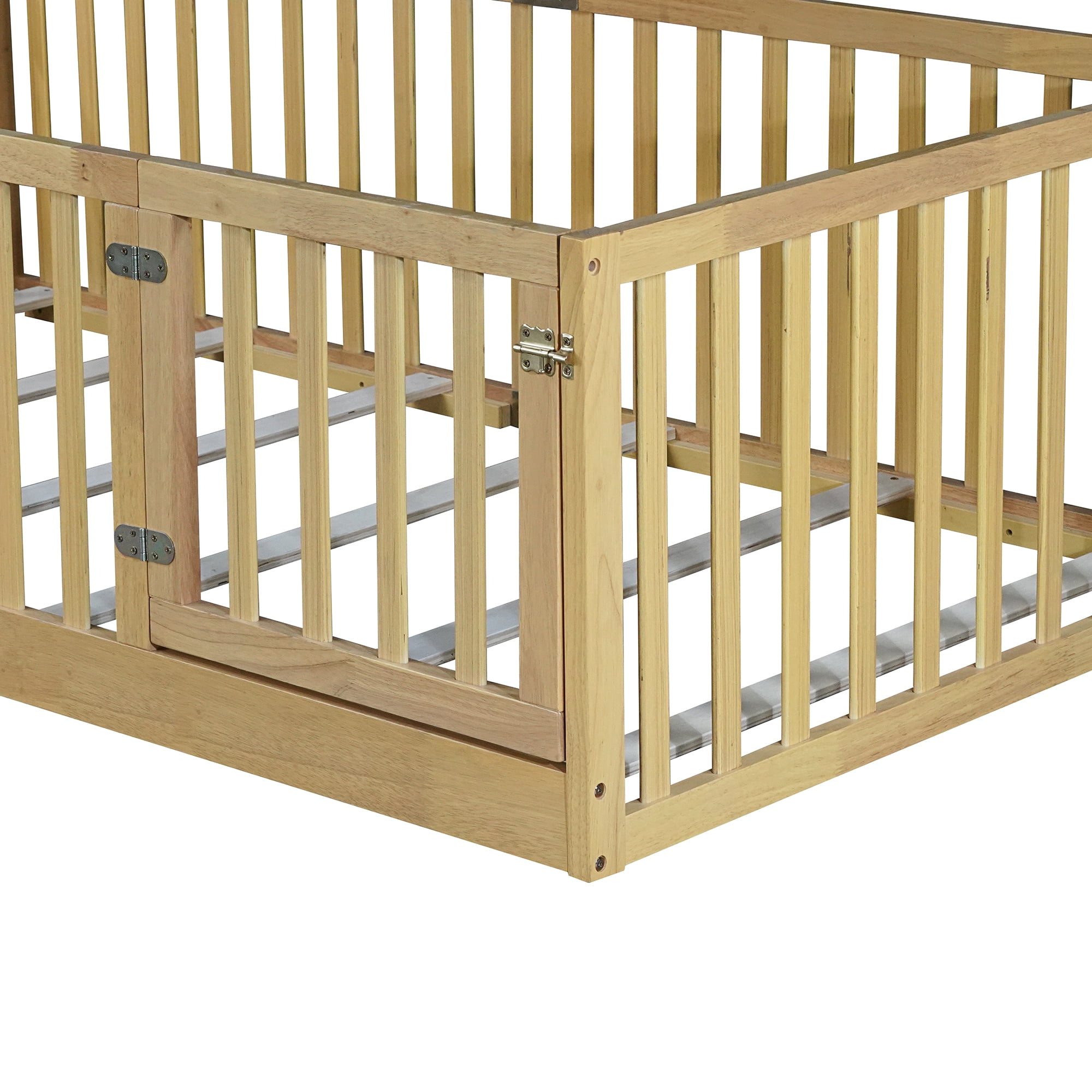 Miniyam Wooden Twin Size Floor Bed for Kids with Door, High Safety Fence, Oak