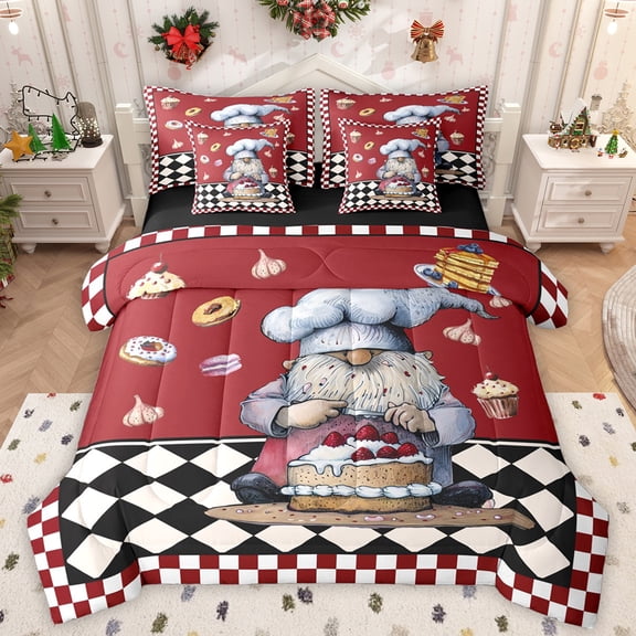 Manfei Kawaii Christmas Gnome Twin Bedding Sets 7-Piece, Yummy Cake Dessert Bedding Comforter Set, Vintage Square Checkered Reversible Sheet Sets, Luxury Bedroom Decor