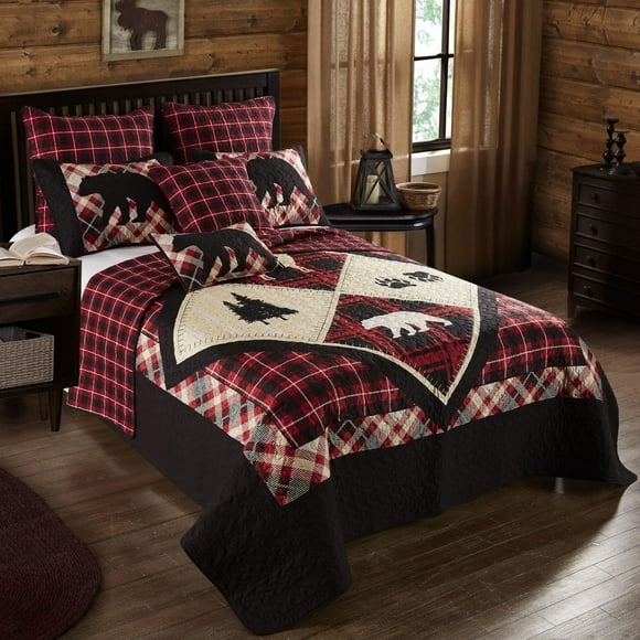 Virah Bella 3 Piece Queen Lodge Quilt Bedding Set - Diamond Bear Lodge - Rustic Cabin Country Reversible Camping Comforter Set With Decorative Pillow Shams, Burgundy/Black