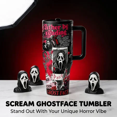 1pc 40oz Scream Ghostface Dark Romance Reading Tumbler with Handle, Leakproof Lid and Straw, Double Wall Vacuum Insulated Stainless Steel Cup Drinkware, Keeps Hot 12H Cold 24H, TikTok Viral Cup for