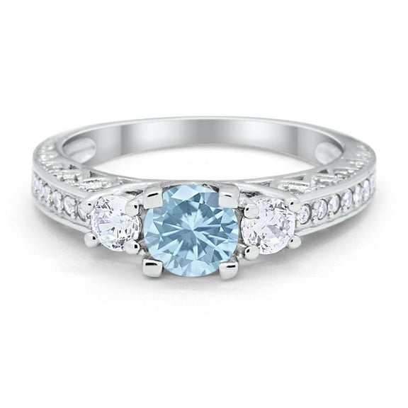 Vintage Style Wedding Ring Aquamarine CZ 925 Sterling Silver Size 6