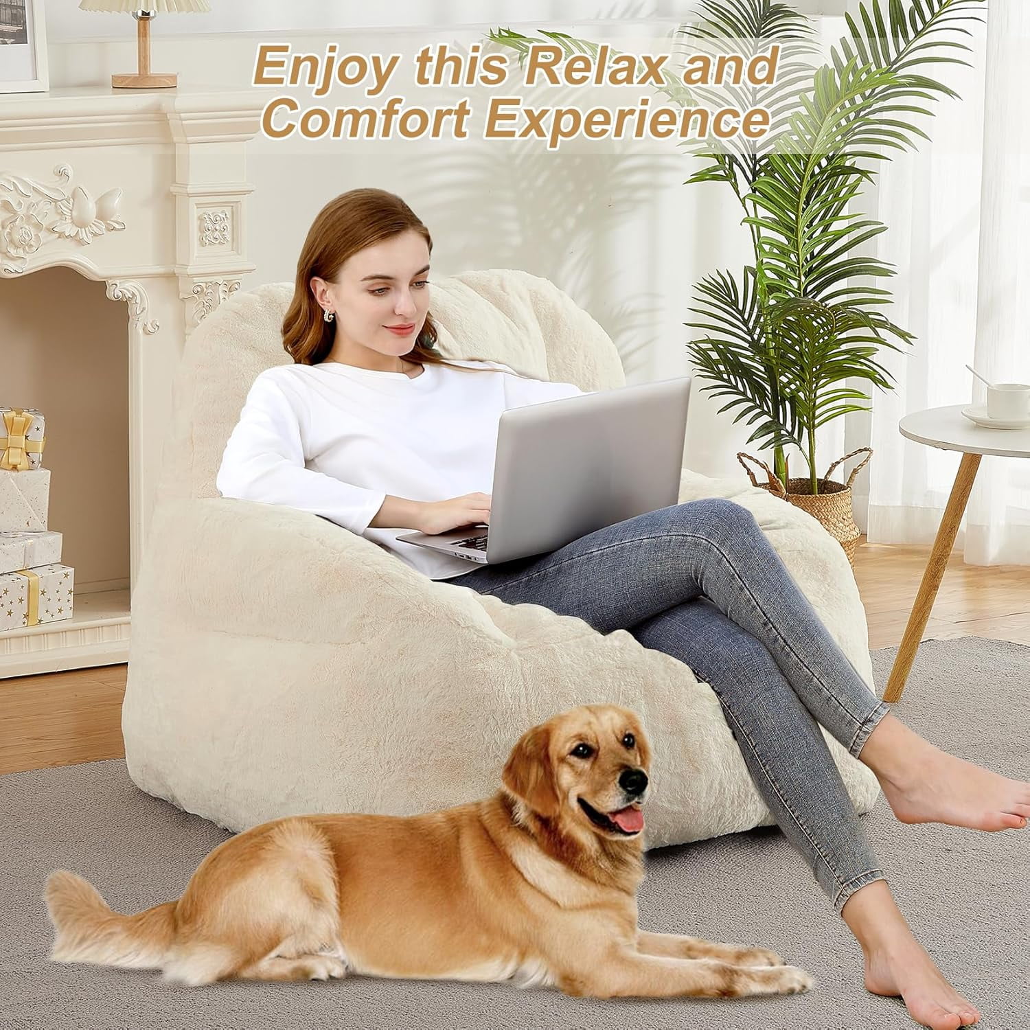 Oversized Faux Fur Bean Bag Chair - Stuffed Floor Couch with Carry Handle for Adults, Beige
