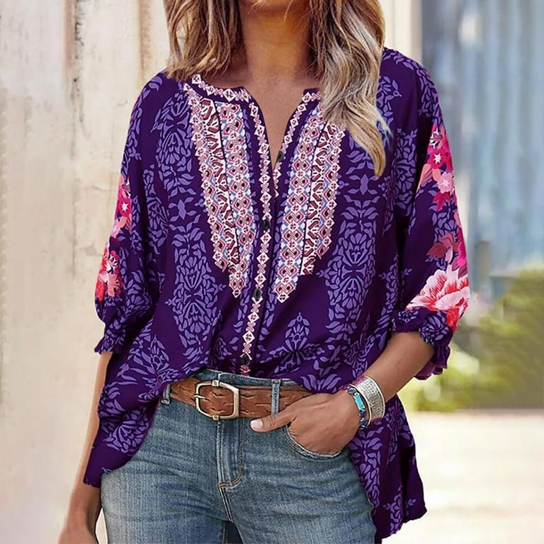 XFLWAM Womens Ethnic Style V Neck 3/4 Sleeve Tops Boho Floral Embroidered  Shirts Loose Button Down Tunics Blouse Purple L