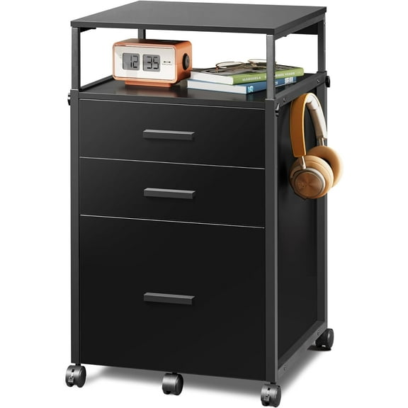 File Cabinet with Storage Drawers, Rolling Printer Stand with Adjustable Shelves, Wood Filing Cabinet for Home Office, Black