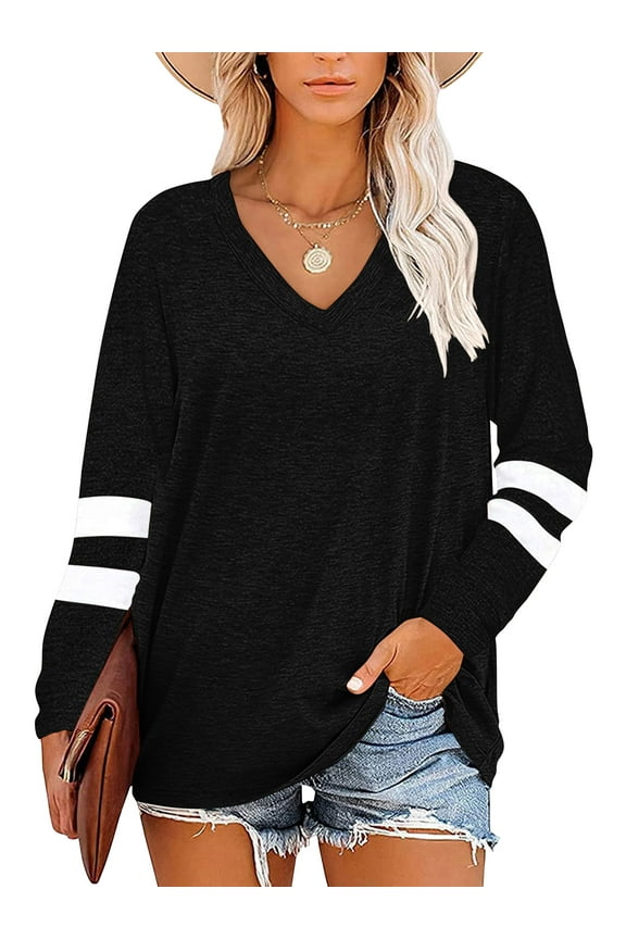 Womens Tops Dressy Casual Long Sleeve Shirts for Women Color Block V Neck Shirts Tunic Tops Loose Blouses Black T shirts Sweatshirts Pullover Plus Size 3XL