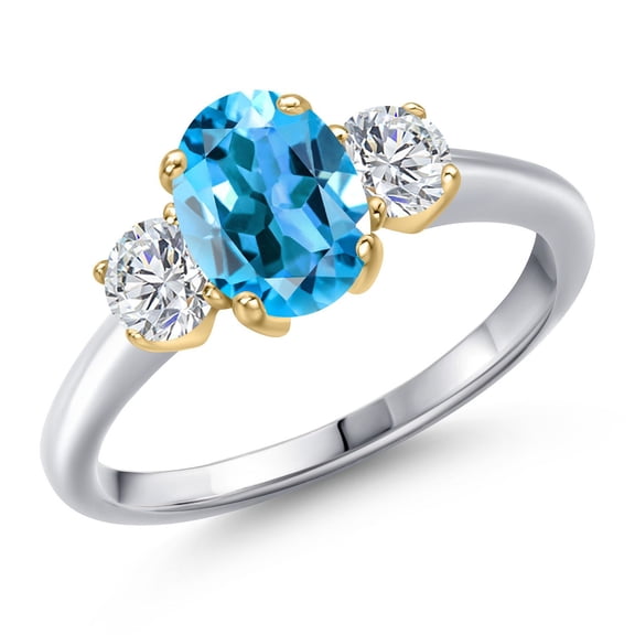 Gem Stone King 10K Two Tone Gold Swiss Blue Topaz and Lab Grown Diamond Engagement Ring for Women | 2.04 Cttw | Oval 8X6MM | Gemstone November Birthstone | Size 6