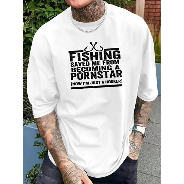 Fishing Saved Me Print Men's Short Sleeve T-Shirt, Casual Fashionable Tee For Outdoor Sports And Leisure