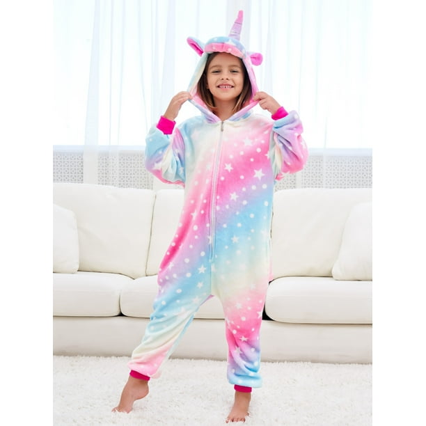 Girls Cute Fleece Thermal Rainbow Unicorn Hooded Pajamas For Home Party