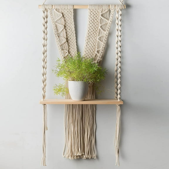 FineArt Macrame Bohemian Cotton Rope Wall Hanging with One Shelf | (Beige)