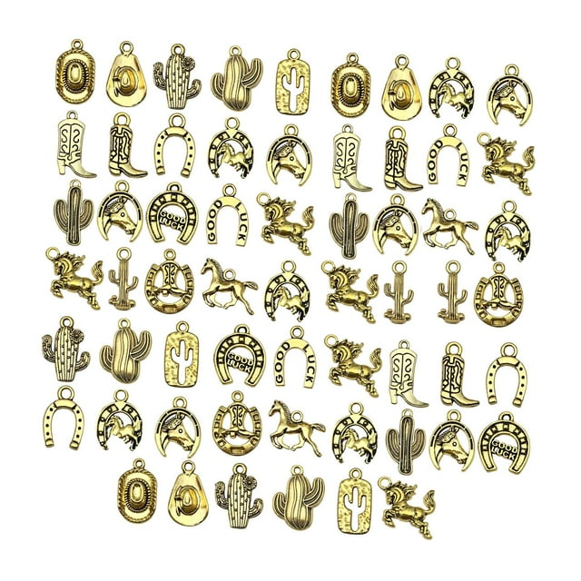60 colgantes con dijes de vaquero occidental, accesorios de bricolaje vintage para hacer joyas. Oro