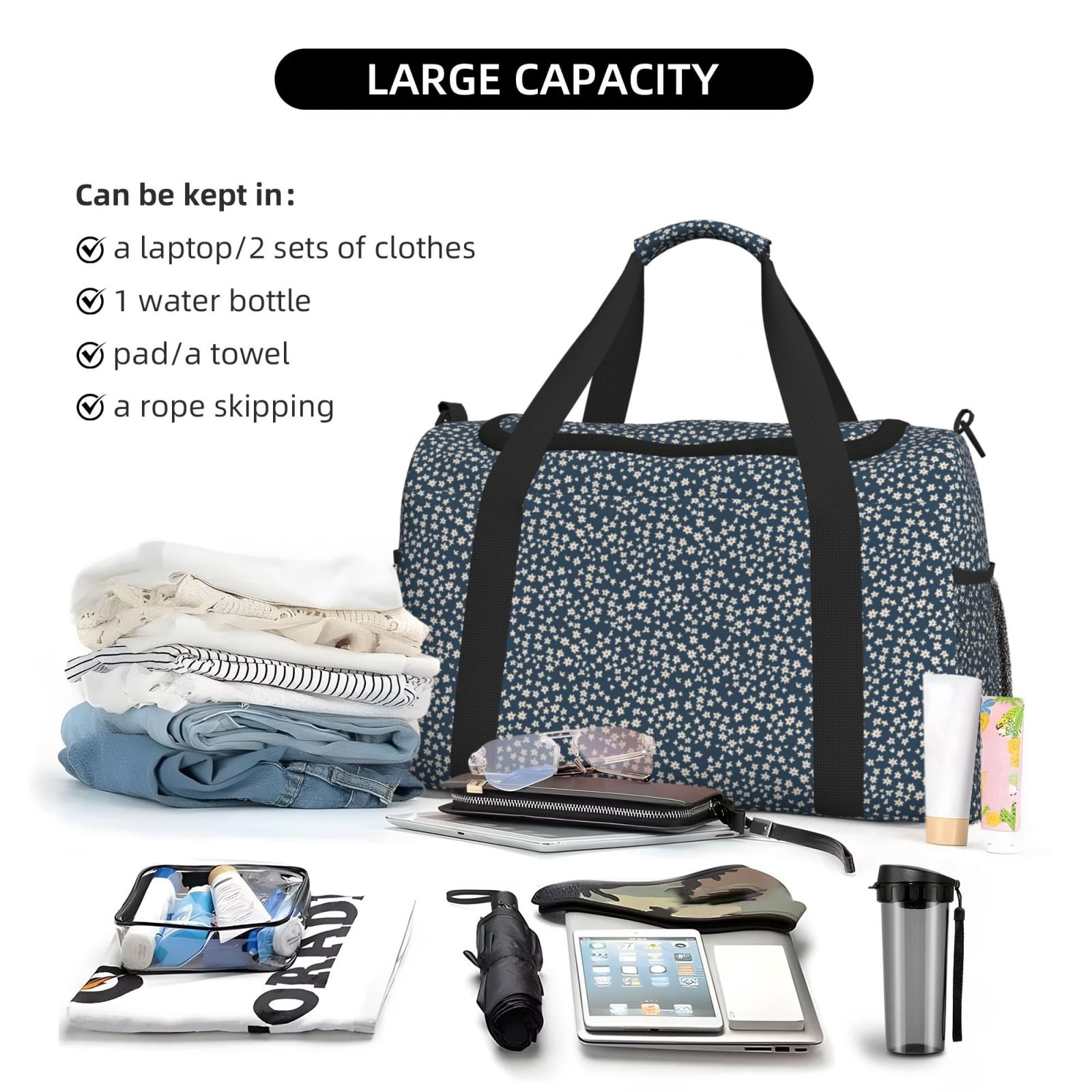 Fuzoiu Small White Flowers Print Travel Duffle Bag,Carry On Tote Bags,Duffel Bag,Sport Gym Bag, Hospital Bag for Labor and Delivery, Overnight Bag,Luggage Bag