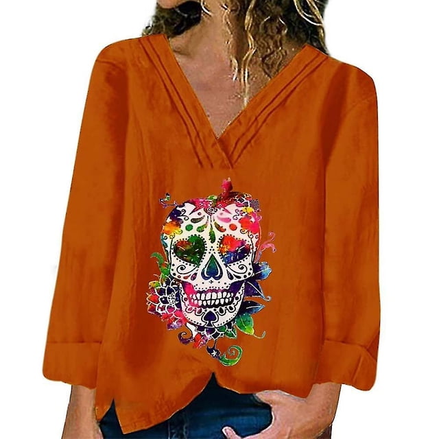 Camiseta YONGSHENG holgada de manga larga con estampado de calavera para mujer Halloween