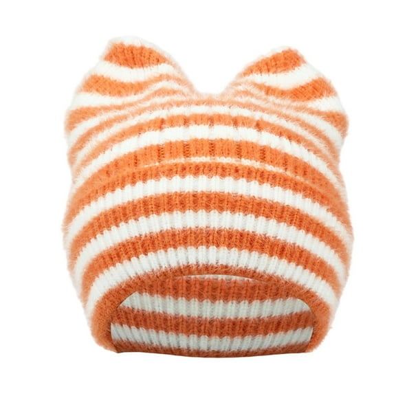 SwiftWear Women's Striped Cat Ear Knit Beanie Hats Warm Winter Ear Flap Crochet Beanies, Cozy Faux Fur Slouchy Hat for Cold Weather