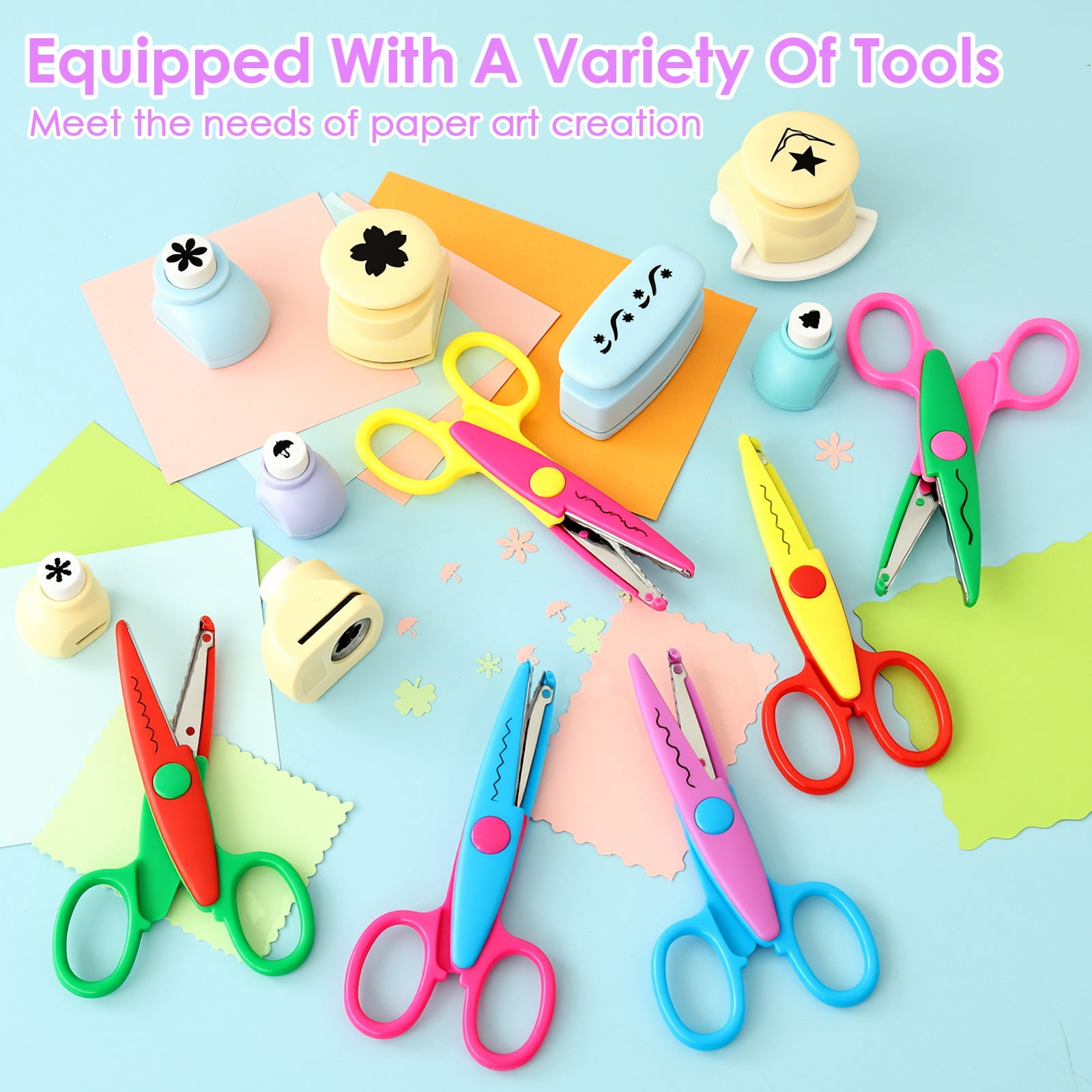 14Pcs DIY Craft Scissors Set, 6 Scissors with Fun Decorative Edge - 8 Paper Hole Punch Shapes , Include Safety Scissors & Hole Punch Shapes, Paper Punches for Crafting, Scrapbooking