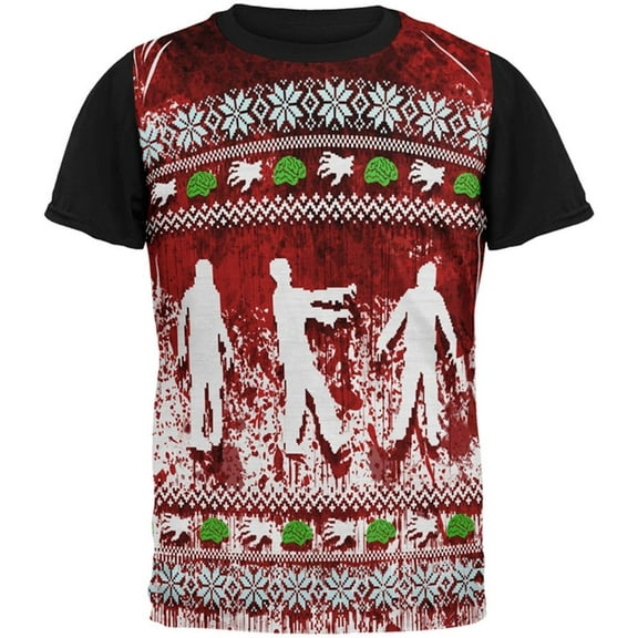 Ugly Christmas Sweater Bloody Zombie Attack Survivor All Over Mens Black Back T Shirt Multi MD