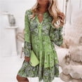 thumbnail image 2 of Women's Long Sleeve Dress Print A-line Elegant Pleated Casual Beach Skater Dress Flared Sleeve V-Neck Midi Dresses, 2 of 9